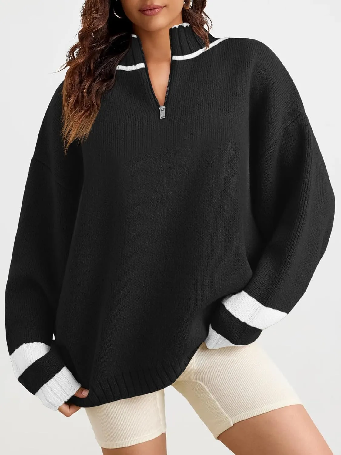 Saodimallsu Womens Oversized Sweater Casual Long Sleeve Fall Quarter Zip Striped Sweaters Lapel Mock Neck Pullover Shirt