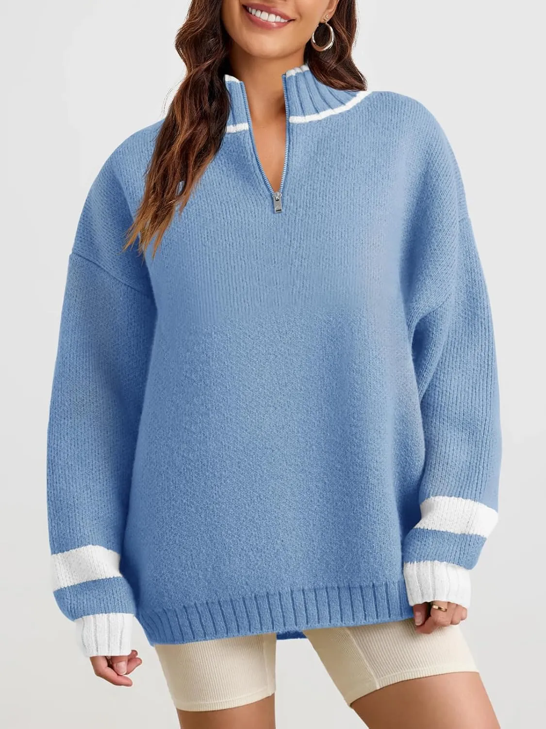 Saodimallsu Womens Oversized Sweater Casual Long Sleeve Fall Quarter Zip Striped Sweaters Lapel Mock Neck Pullover Shirt