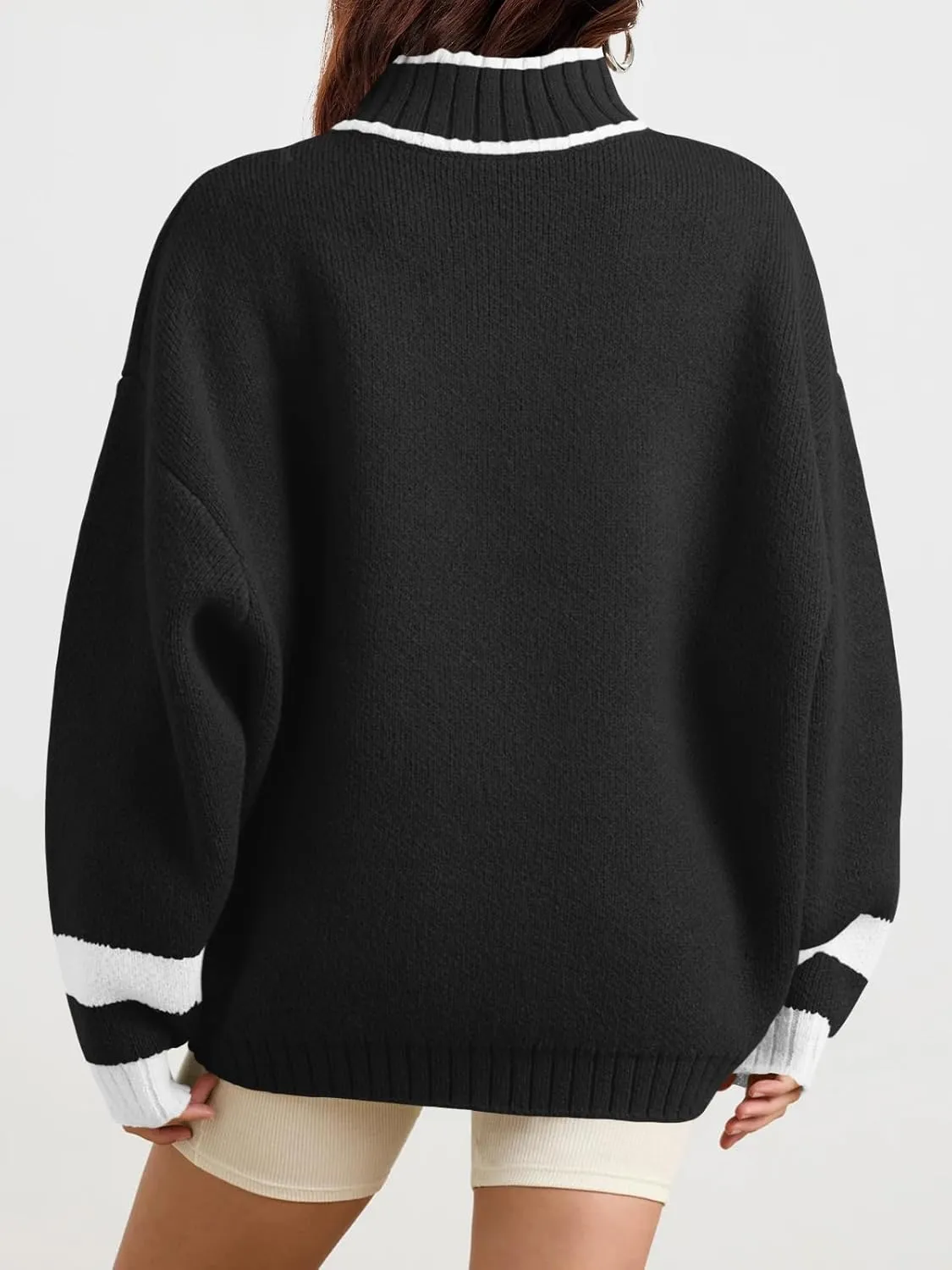 Saodimallsu Womens Oversized Sweater Casual Long Sleeve Fall Quarter Zip Striped Sweaters Lapel Mock Neck Pullover Shirt