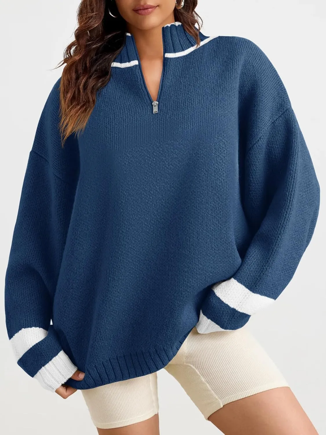 Saodimallsu Womens Oversized Sweater Casual Long Sleeve Fall Quarter Zip Striped Sweaters Lapel Mock Neck Pullover Shirt