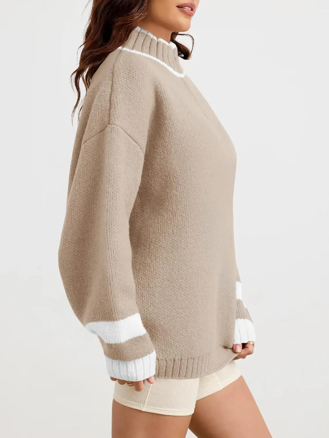 Saodimallsu Womens Oversized Sweater Casual Long Sleeve Fall Quarter Zip Striped Sweaters Lapel Mock Neck Pullover Shirt