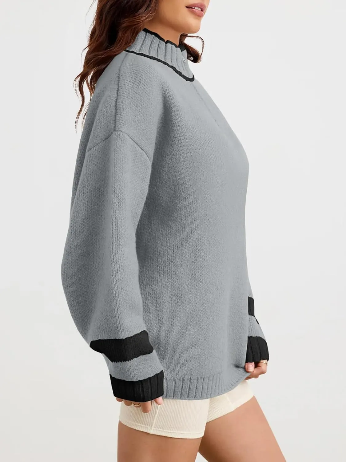 Saodimallsu Womens Oversized Sweater Casual Long Sleeve Fall Quarter Zip Striped Sweaters Lapel Mock Neck Pullover Shirt