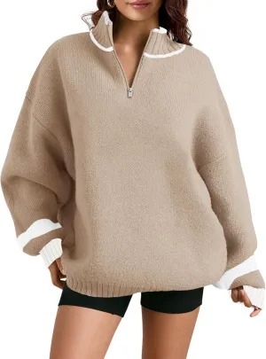 Saodimallsu Womens Oversized Sweater Casual Long Sleeve Fall Quarter Zip Striped Sweaters Lapel Mock Neck Pullover Shirt