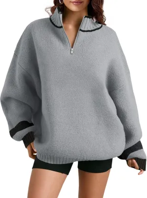 Saodimallsu Womens Oversized Sweater Casual Long Sleeve Fall Quarter Zip Striped Sweaters Lapel Mock Neck Pullover Shirt
