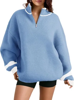 Saodimallsu Womens Oversized Sweater Casual Long Sleeve Fall Quarter Zip Striped Sweaters Lapel Mock Neck Pullover Shirt