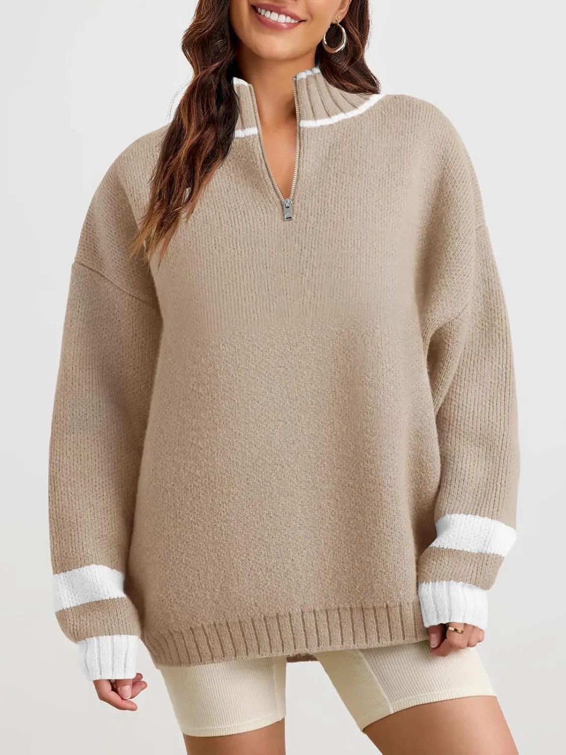 Saodimallsu Womens Oversized Sweater Casual Long Sleeve Fall Quarter Zip Striped Sweaters Lapel Mock Neck Pullover Shirt