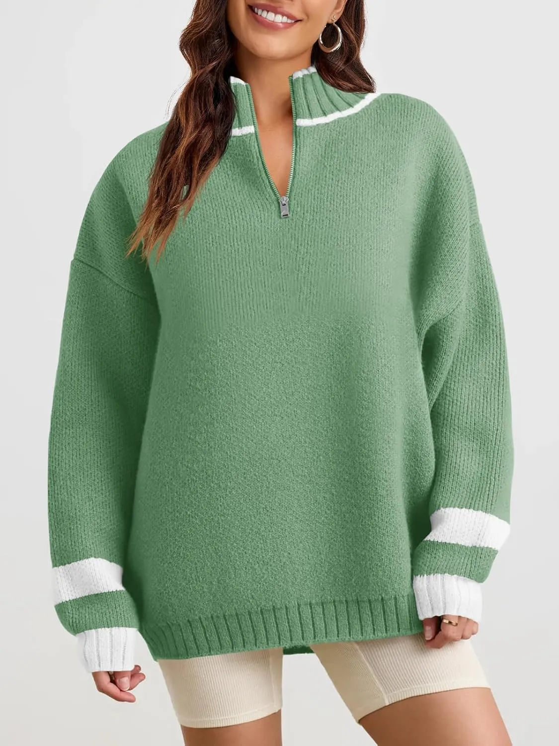 Saodimallsu Womens Oversized Sweater Casual Long Sleeve Fall Quarter Zip Striped Sweaters Lapel Mock Neck Pullover Shirt