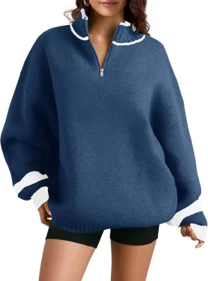 Saodimallsu Womens Oversized Sweater Casual Long Sleeve Fall Quarter Zip Striped Sweaters Lapel Mock Neck Pullover Shirt