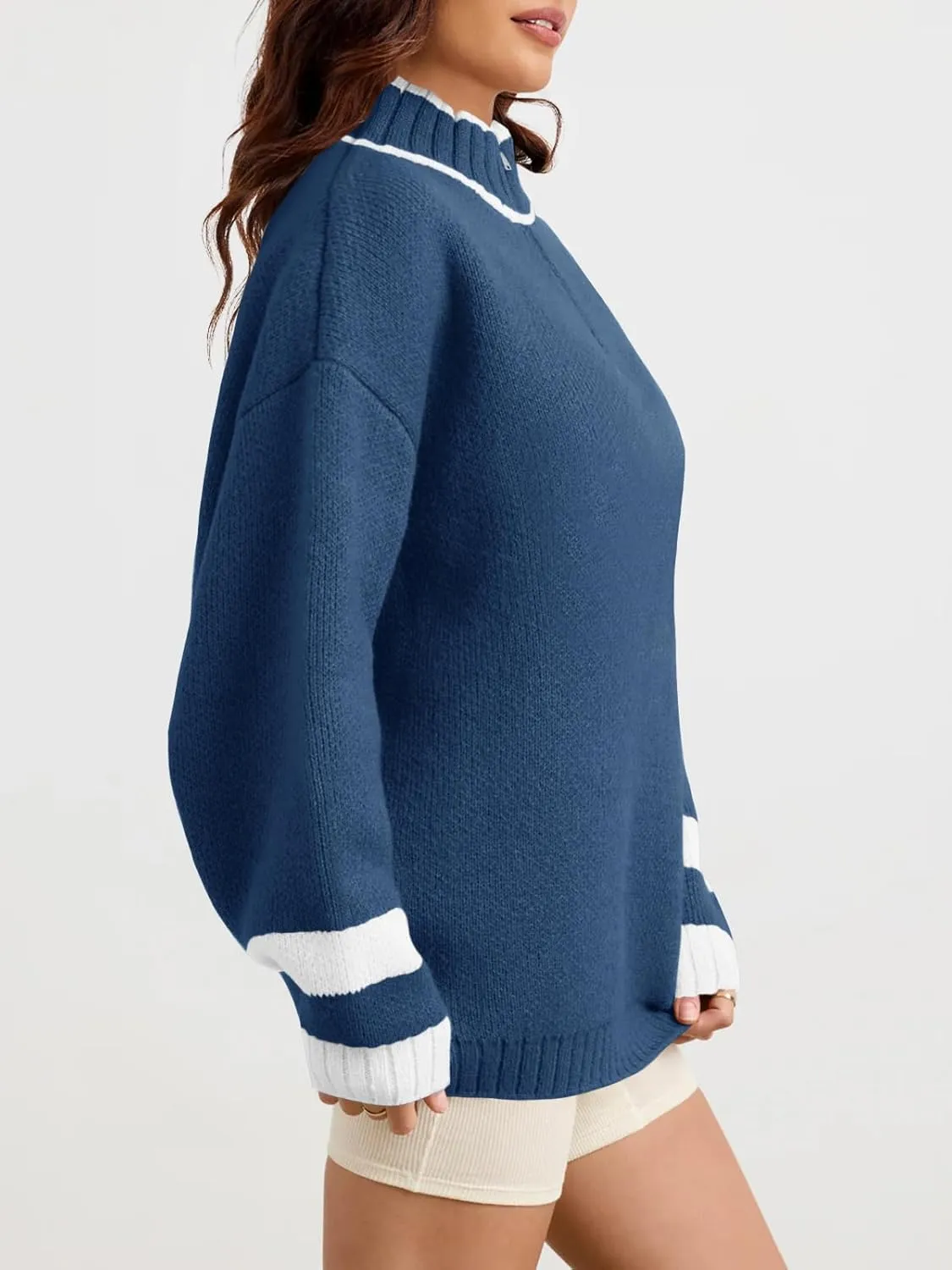 Saodimallsu Womens Oversized Sweater Casual Long Sleeve Fall Quarter Zip Striped Sweaters Lapel Mock Neck Pullover Shirt