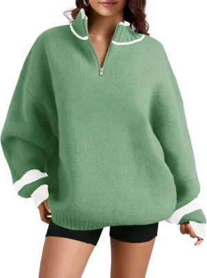 Saodimallsu Womens Oversized Sweater Casual Long Sleeve Fall Quarter Zip Striped Sweaters Lapel Mock Neck Pullover Shirt