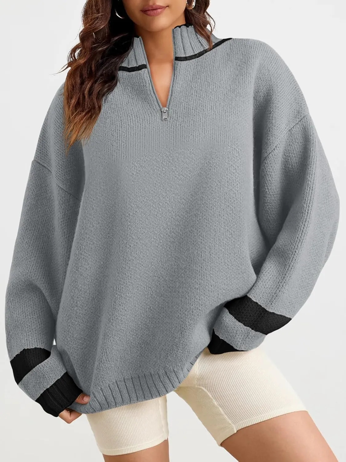Saodimallsu Womens Oversized Sweater Casual Long Sleeve Fall Quarter Zip Striped Sweaters Lapel Mock Neck Pullover Shirt