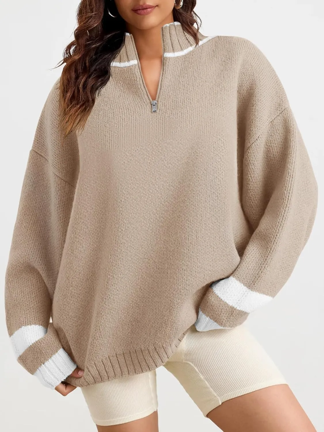 Saodimallsu Womens Oversized Sweater Casual Long Sleeve Fall Quarter Zip Striped Sweaters Lapel Mock Neck Pullover Shirt