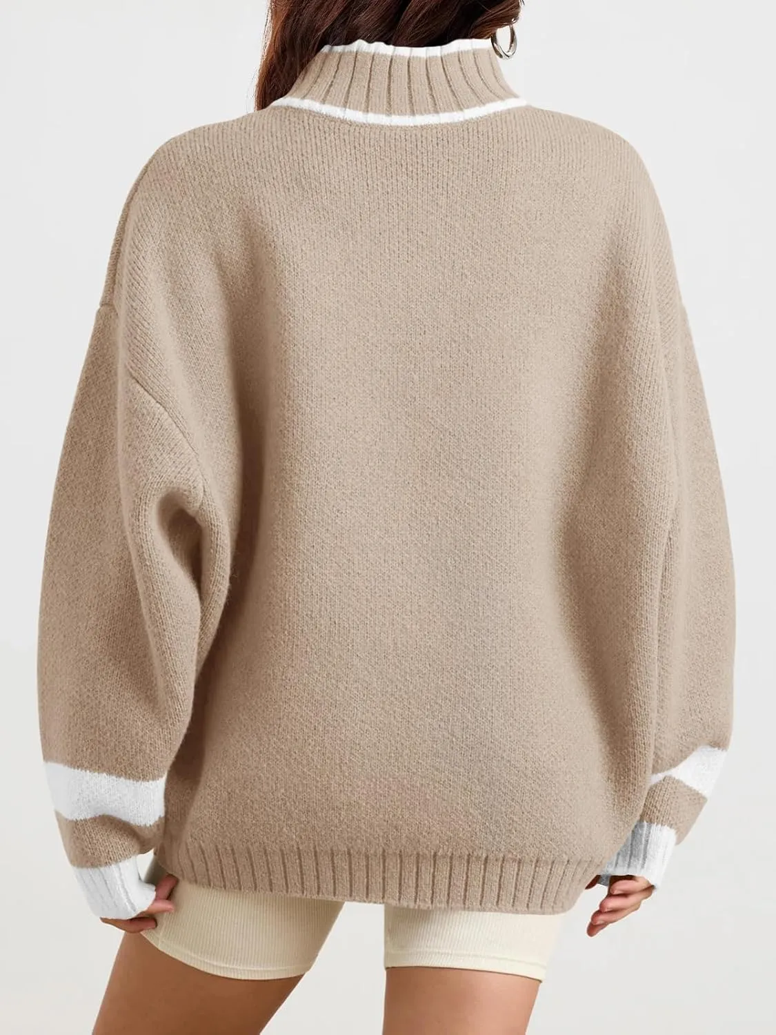Saodimallsu Womens Oversized Sweater Casual Long Sleeve Fall Quarter Zip Striped Sweaters Lapel Mock Neck Pullover Shirt