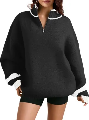 Saodimallsu Womens Oversized Sweater Casual Long Sleeve Fall Quarter Zip Striped Sweaters Lapel Mock Neck Pullover Shirt