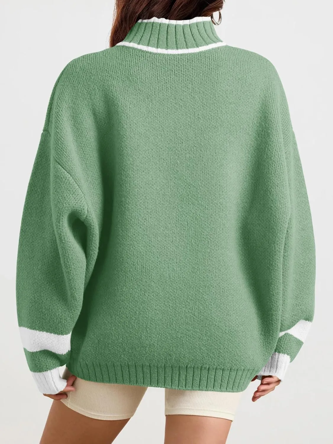 Saodimallsu Womens Oversized Sweater Casual Long Sleeve Fall Quarter Zip Striped Sweaters Lapel Mock Neck Pullover Shirt