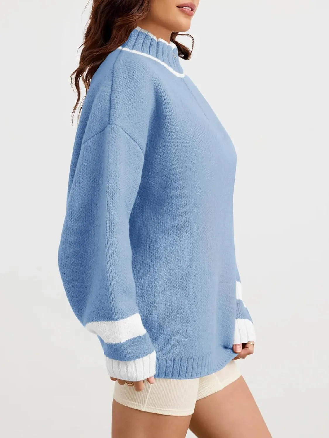 Saodimallsu Womens Oversized Sweater Casual Long Sleeve Fall Quarter Zip Striped Sweaters Lapel Mock Neck Pullover Shirt