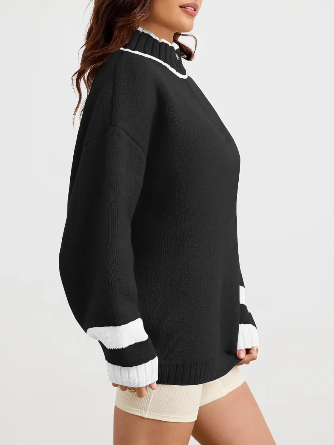 Saodimallsu Womens Oversized Sweater Casual Long Sleeve Fall Quarter Zip Striped Sweaters Lapel Mock Neck Pullover Shirt