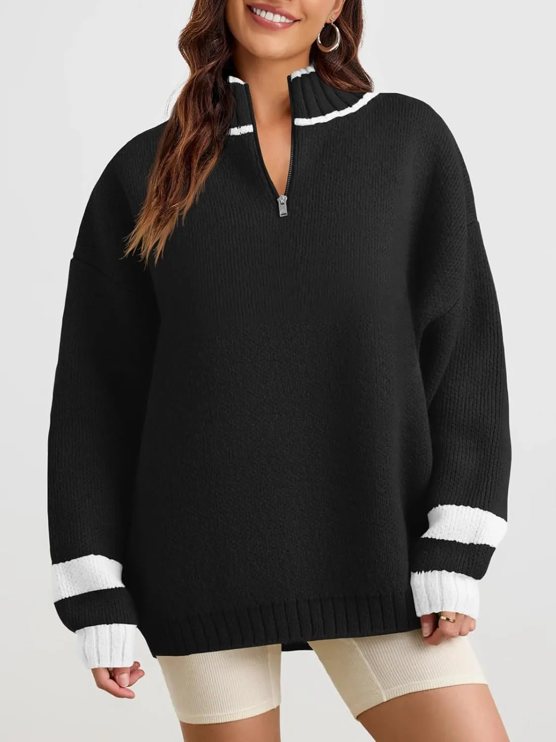 Saodimallsu Womens Oversized Sweater Casual Long Sleeve Fall Quarter Zip Striped Sweaters Lapel Mock Neck Pullover Shirt