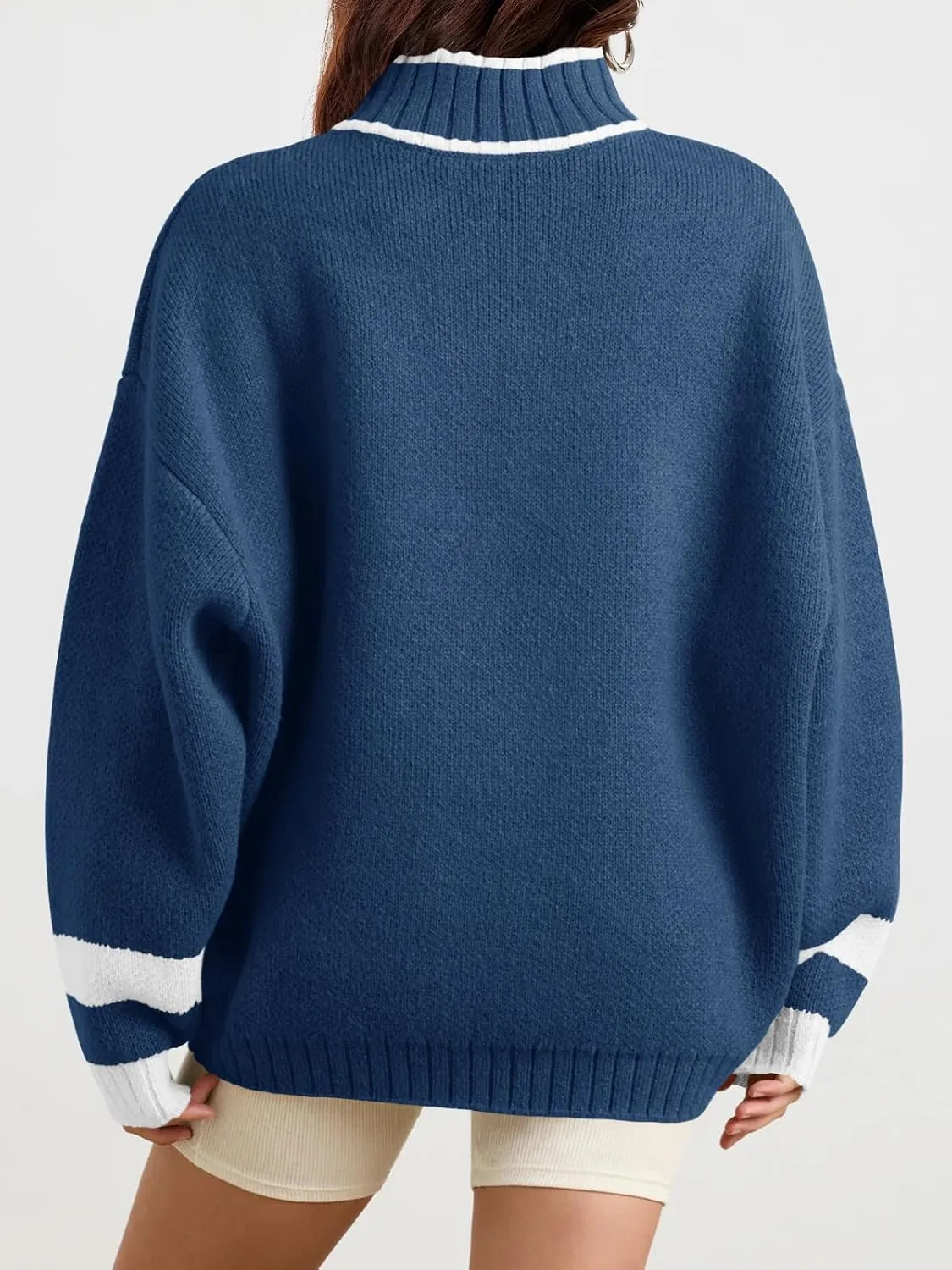 Saodimallsu Womens Oversized Sweater Casual Long Sleeve Fall Quarter Zip Striped Sweaters Lapel Mock Neck Pullover Shirt