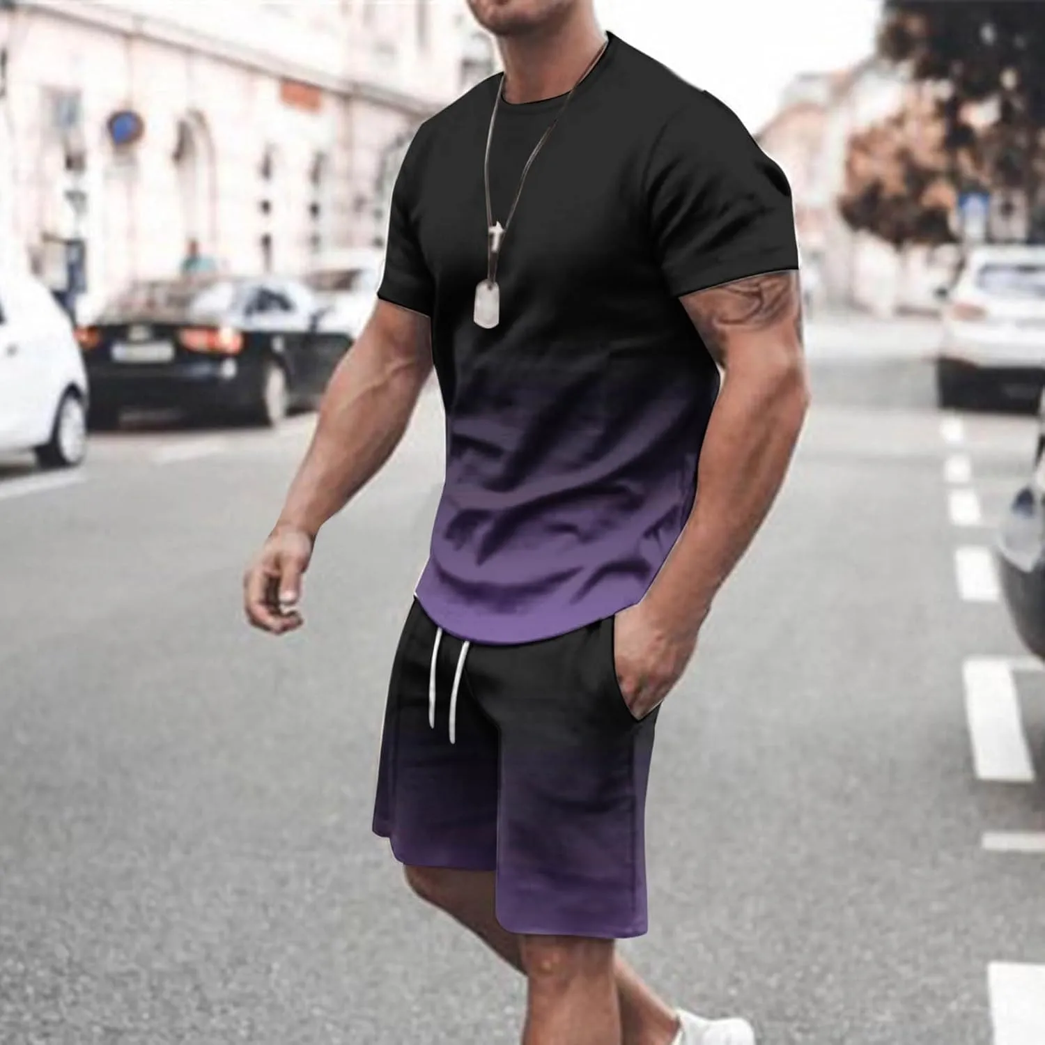 Sinzelimin Tracksuit for Mens 2025 Trendy Gradient Printed Short Sleeves Crewneck T-Shirts Tops and Shorts 2Piece Workout Set