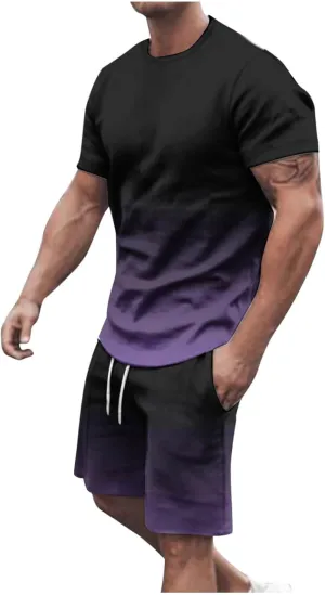 Sinzelimin Tracksuit for Mens 2025 Trendy Gradient Printed Short Sleeves Crewneck T-Shirts Tops and Shorts 2Piece Workout Set