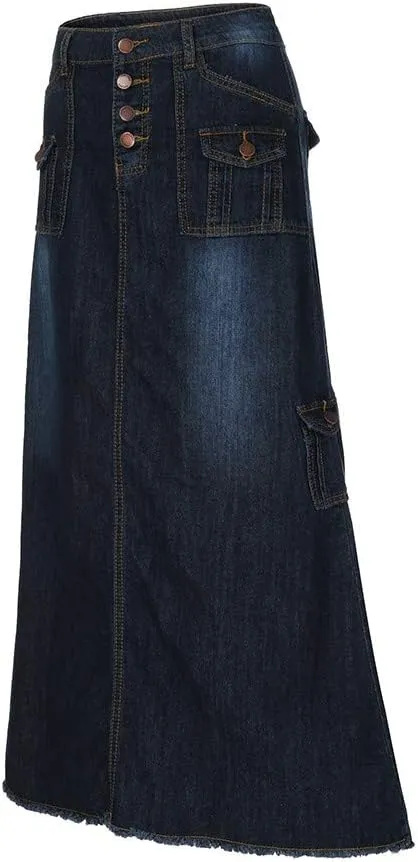 Skirt for Women Mid Straight Long Maxi Denim Pocket Waist Button Womens Fashion Skirts Front Summer Skirt