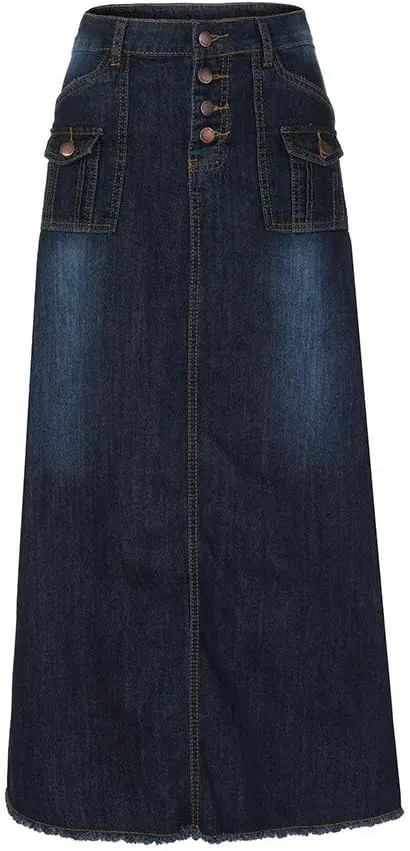 Skirt for Women Mid Straight Long Maxi Denim Pocket Waist Button Womens Fashion Skirts Front Summer Skirt