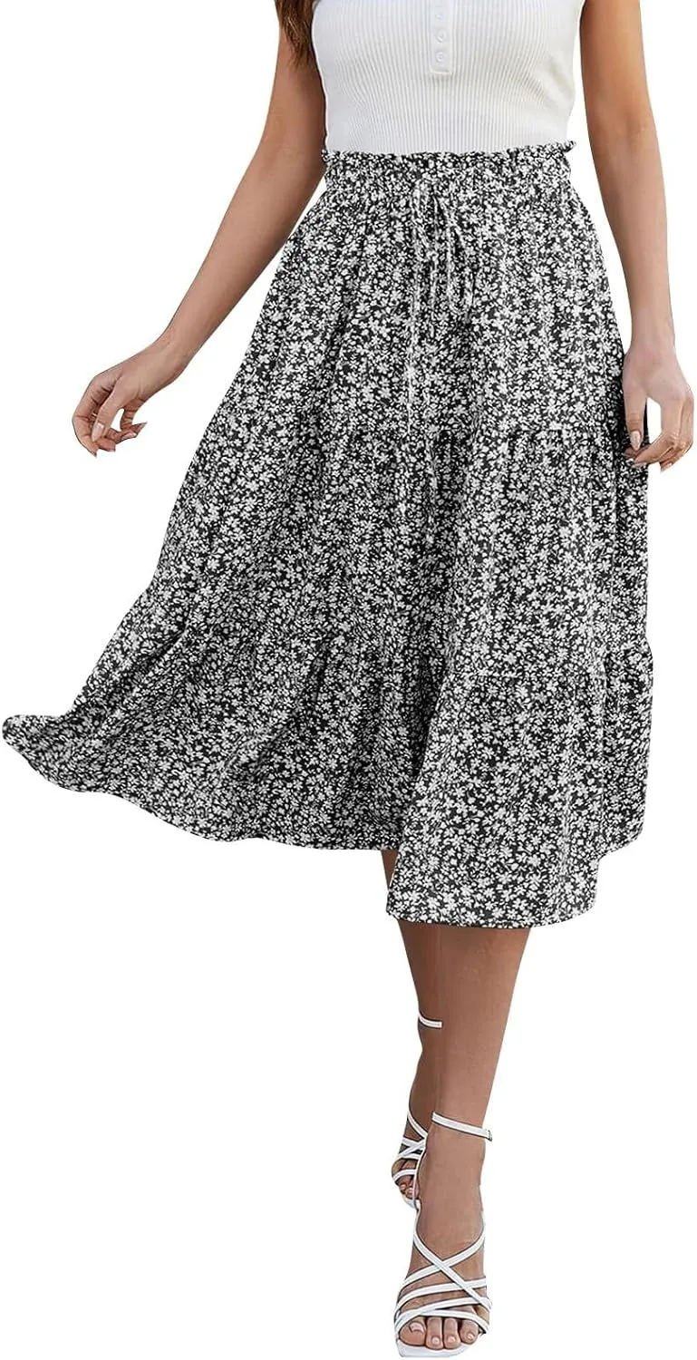 Skirts for Women Elastic Waist Loose Lace Casual Summer Fake Drawstring Flowy Tiered Renaissance Skirt