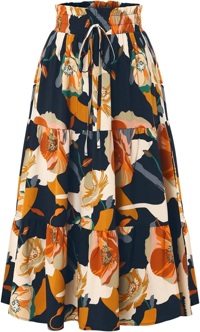 Skirts for Women Elastic Waist Loose Lace Casual Summer Fake Drawstring Flowy Tiered Renaissance Skirt