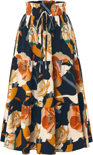 Skirts for Women Elastic Waist Loose Lace Casual Summer Fake Drawstring Flowy Tiered Renaissance Skirt