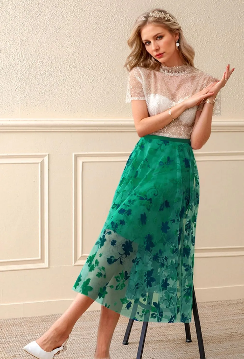 Skirts for Women Midi Long Length Dressy Casual Trendy Summer Tulle A-Line Floral High Waist Skirt
