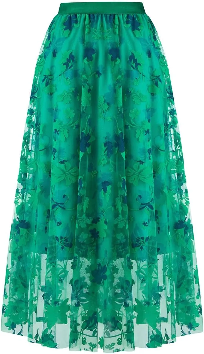 Skirts for Women Midi Long Length Dressy Casual Trendy Summer Tulle A-Line Floral High Waist Skirt