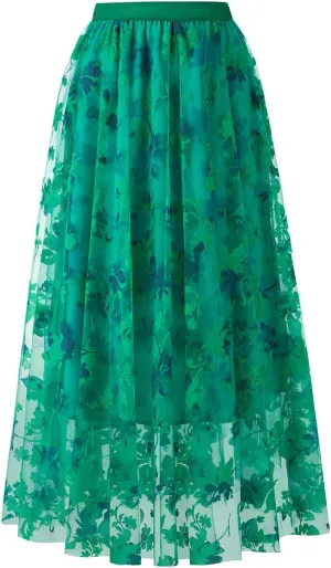Skirts for Women Midi Long Length Dressy Casual Trendy Summer Tulle A-Line Floral High Waist Skirt