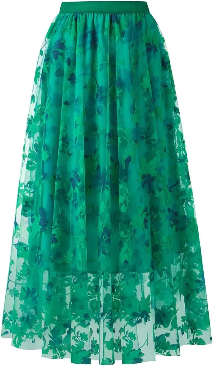 Skirts for Women Midi Long Length Dressy Casual Trendy Summer Tulle A-Line Floral High Waist Skirt