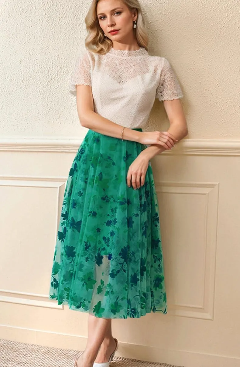 Skirts for Women Midi Long Length Dressy Casual Trendy Summer Tulle A-Line Floral High Waist Skirt