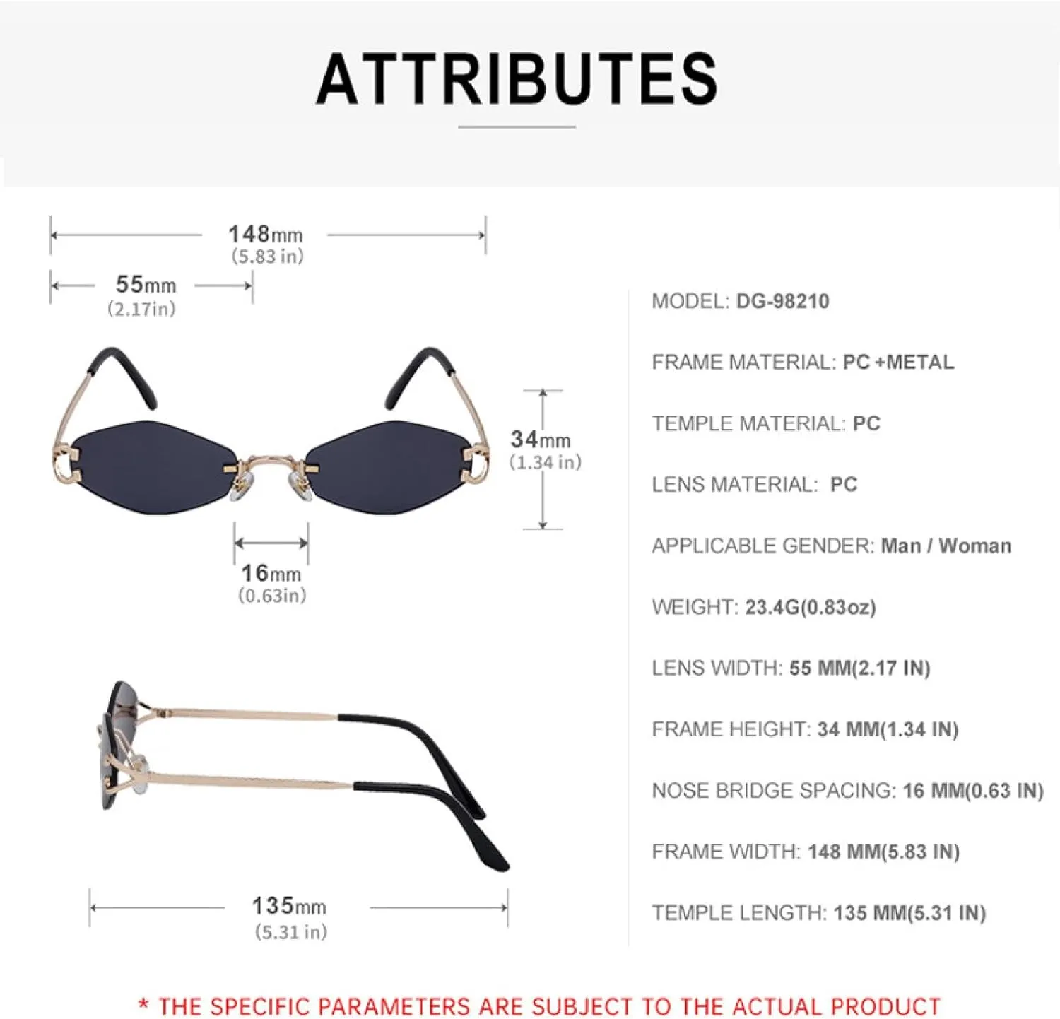 Small Metal Frame Geometric Rimless Sunglasses for Men Women Vintage Rhombus Irregular