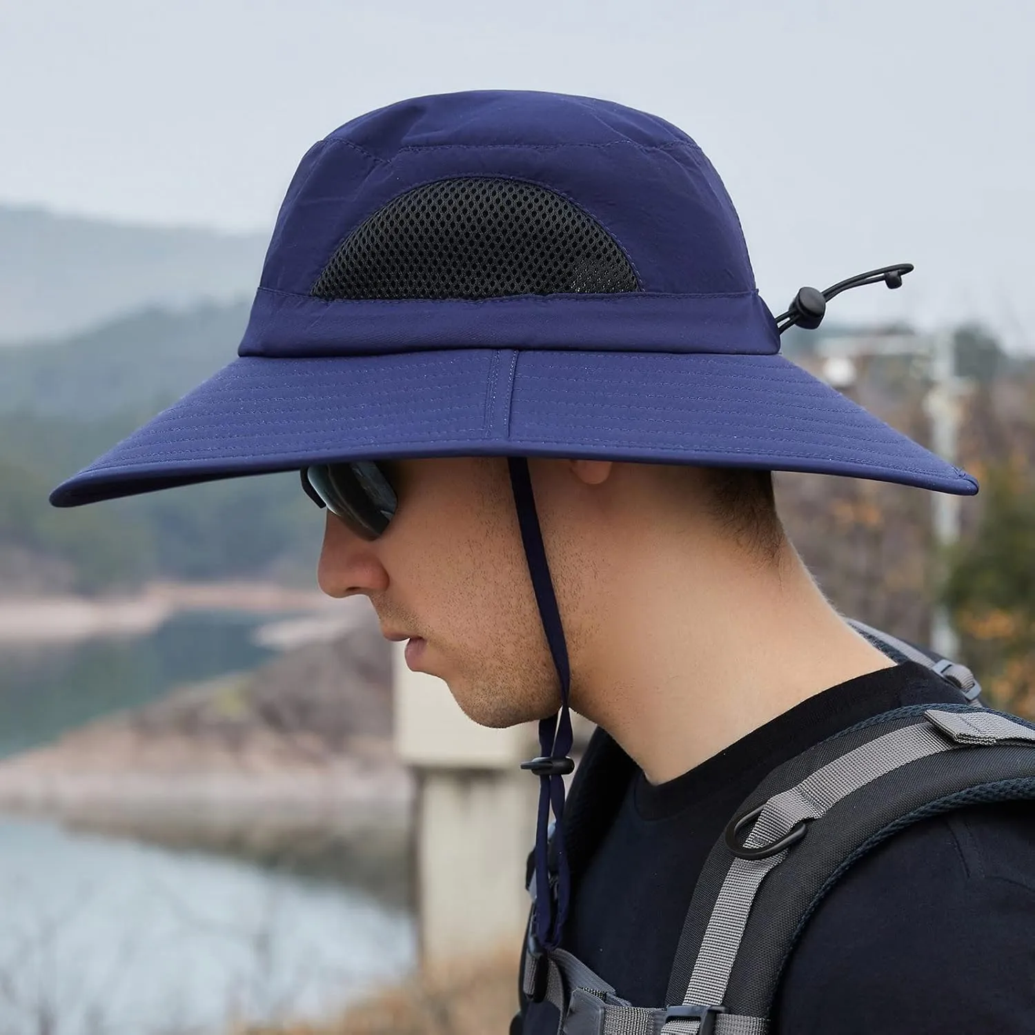 Solid Colors Cotton Bucket Hats with String Mesh Breathable Wide Brim Sun Hats Travel Hiking Fisherman Cap