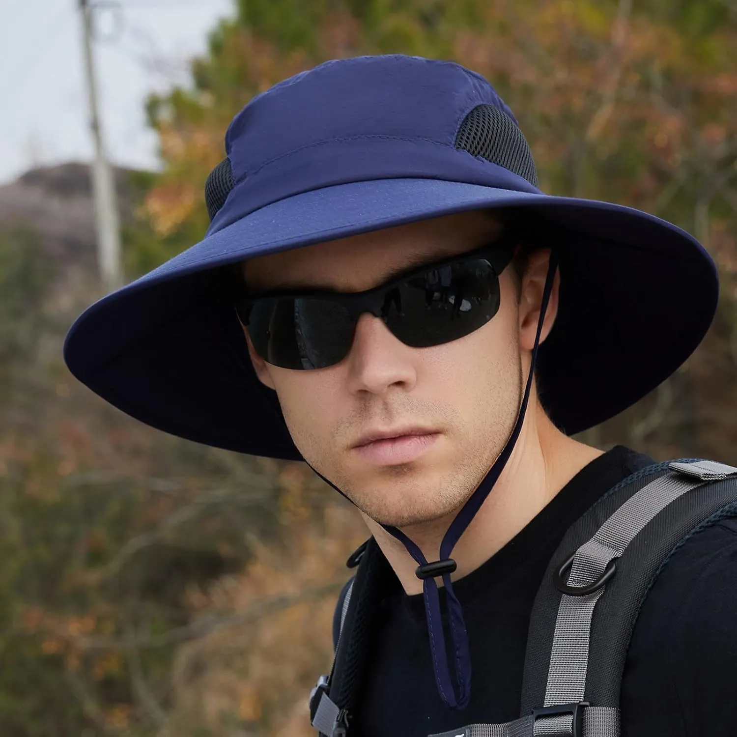 Solid Colors Cotton Bucket Hats with String Mesh Breathable Wide Brim Sun Hats Travel Hiking Fisherman Cap