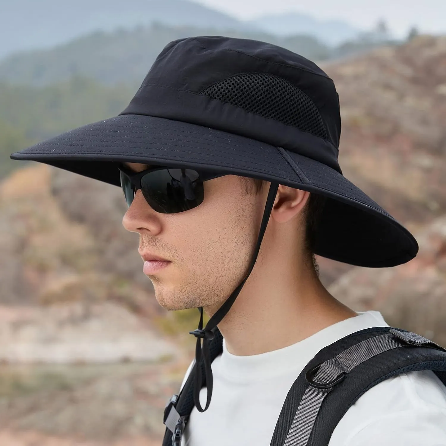 Solid Colors Cotton Bucket Hats with String Mesh Breathable Wide Brim Sun Hats Travel Hiking Fisherman Cap