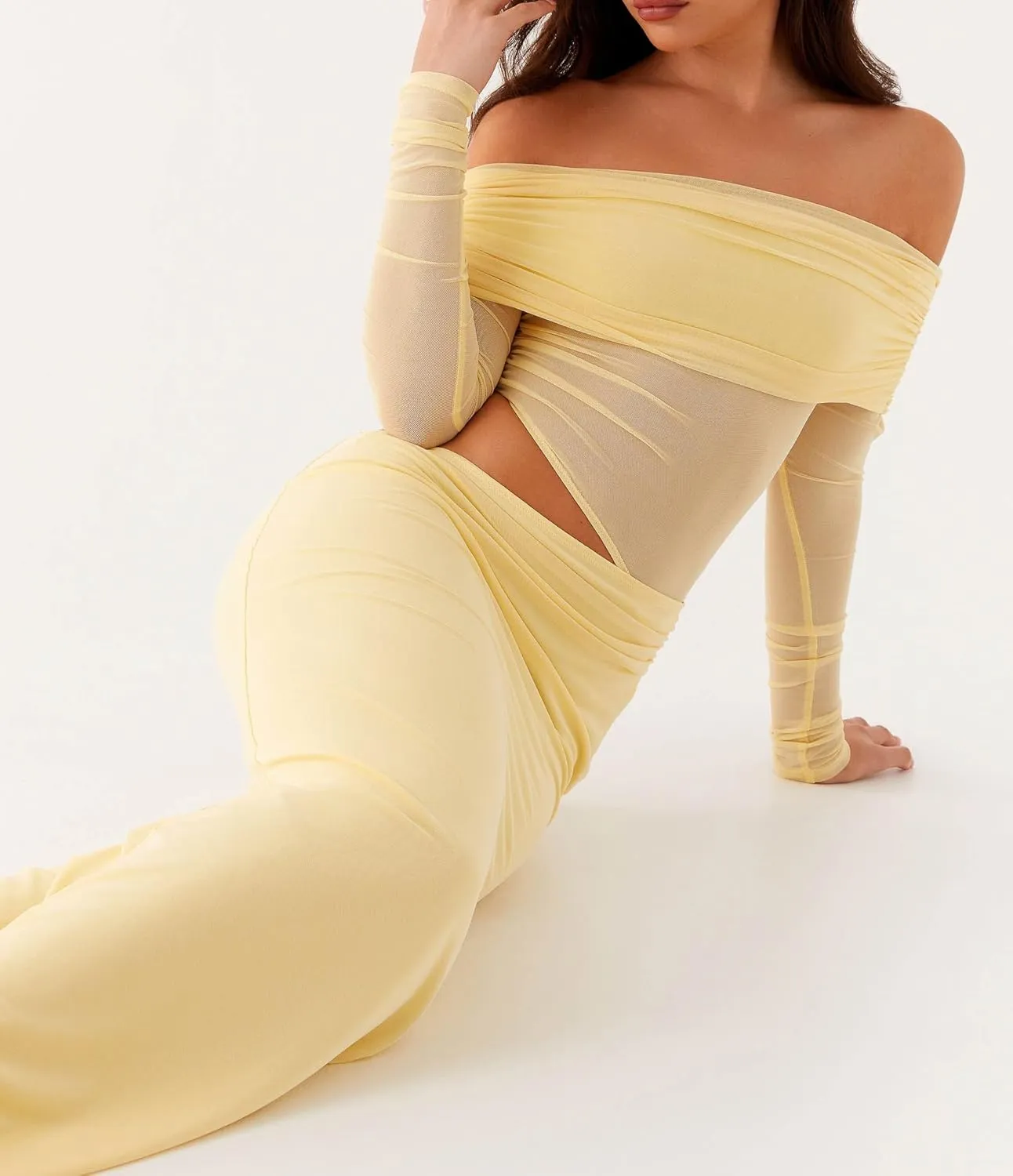 SOLILOQUY Women Off Shoulder Cut Out Maxi Dress Sheer Mesh Long Sleeve Ruched Bodycon Long Dress Cocktail Evening Clubwear