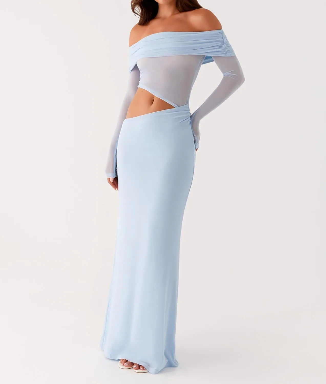 SOLILOQUY Women Off Shoulder Cut Out Maxi Dress Sheer Mesh Long Sleeve Ruched Bodycon Long Dress Cocktail Evening Clubwear