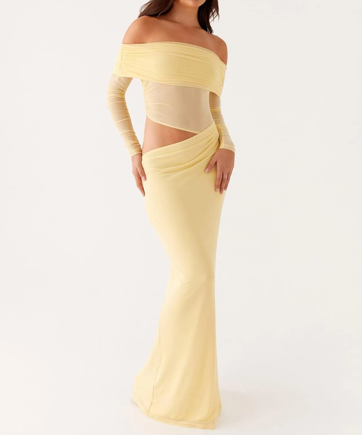 SOLILOQUY Women Off Shoulder Cut Out Maxi Dress Sheer Mesh Long Sleeve Ruched Bodycon Long Dress Cocktail Evening Clubwear