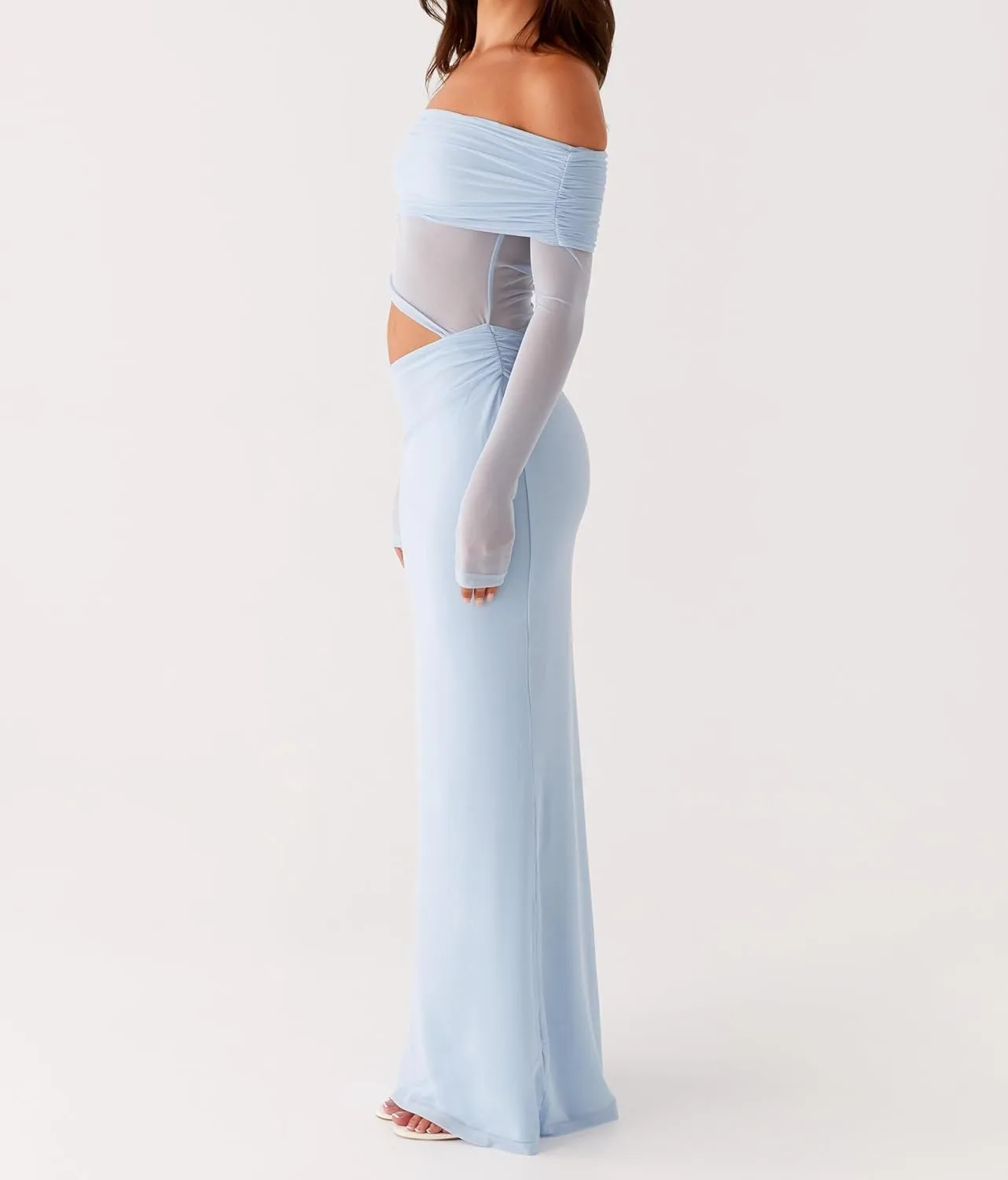 SOLILOQUY Women Off Shoulder Cut Out Maxi Dress Sheer Mesh Long Sleeve Ruched Bodycon Long Dress Cocktail Evening Clubwear