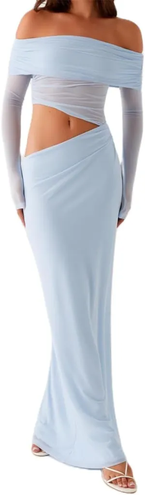 SOLILOQUY Women Off Shoulder Cut Out Maxi Dress Sheer Mesh Long Sleeve Ruched Bodycon Long Dress Cocktail Evening Clubwear