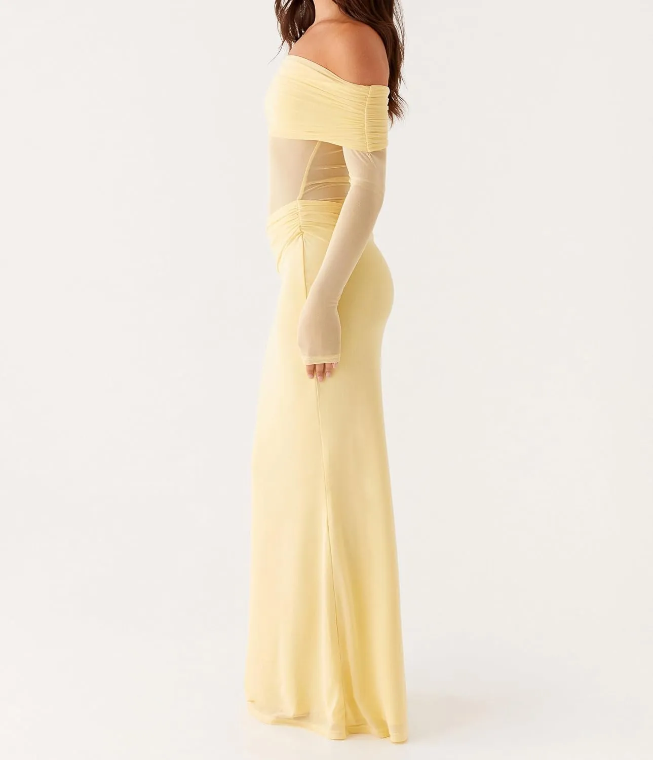 SOLILOQUY Women Off Shoulder Cut Out Maxi Dress Sheer Mesh Long Sleeve Ruched Bodycon Long Dress Cocktail Evening Clubwear