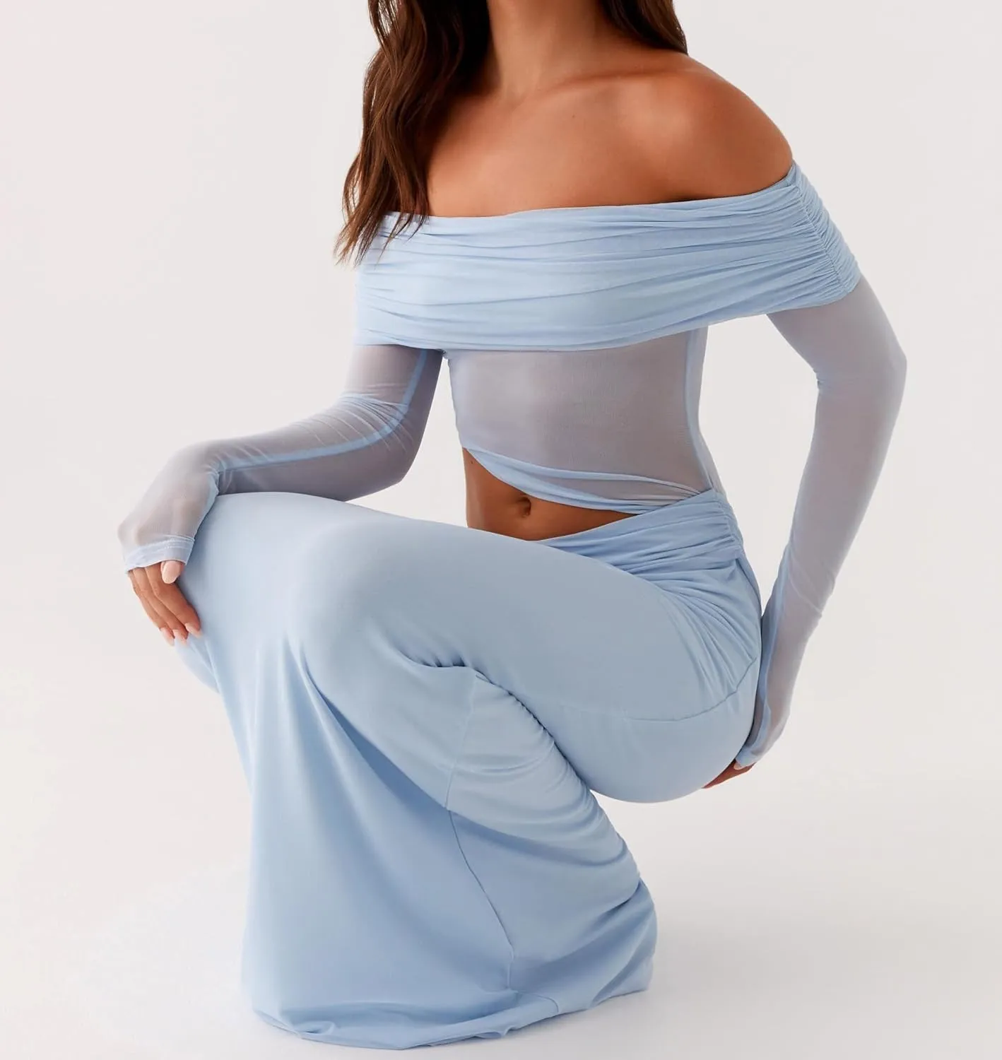 SOLILOQUY Women Off Shoulder Cut Out Maxi Dress Sheer Mesh Long Sleeve Ruched Bodycon Long Dress Cocktail Evening Clubwear