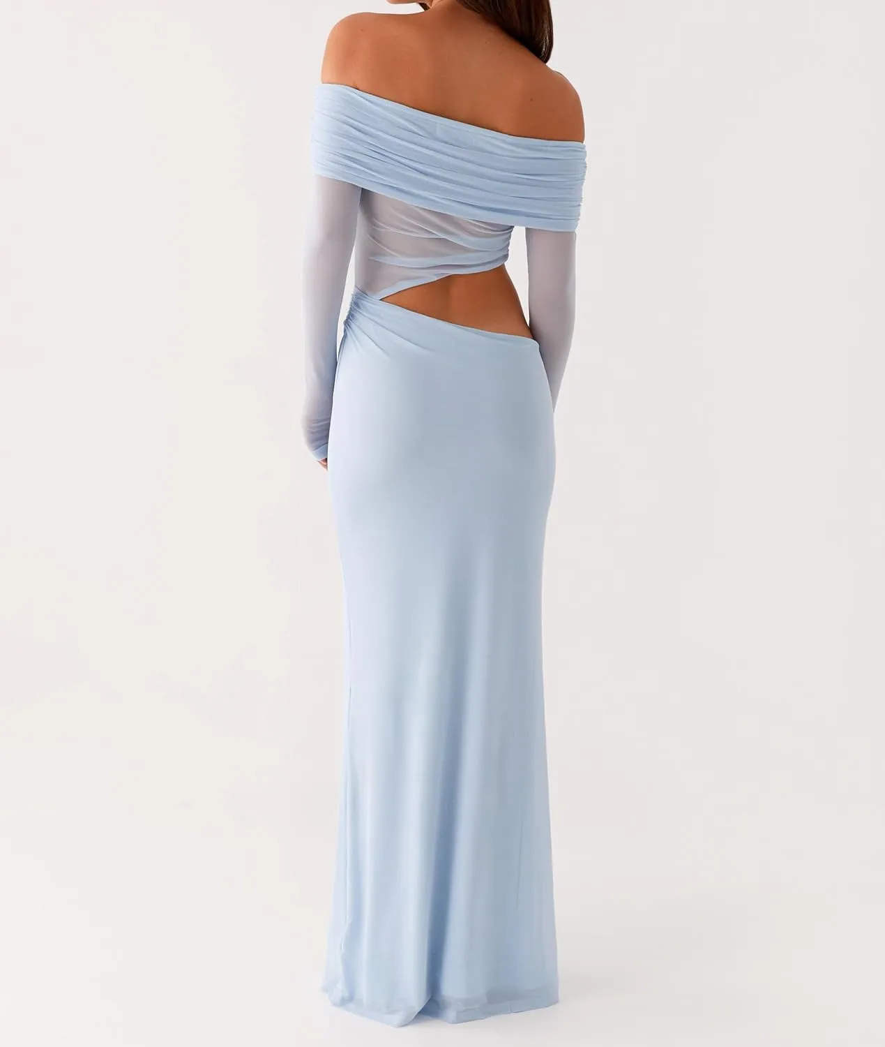 SOLILOQUY Women Off Shoulder Cut Out Maxi Dress Sheer Mesh Long Sleeve Ruched Bodycon Long Dress Cocktail Evening Clubwear