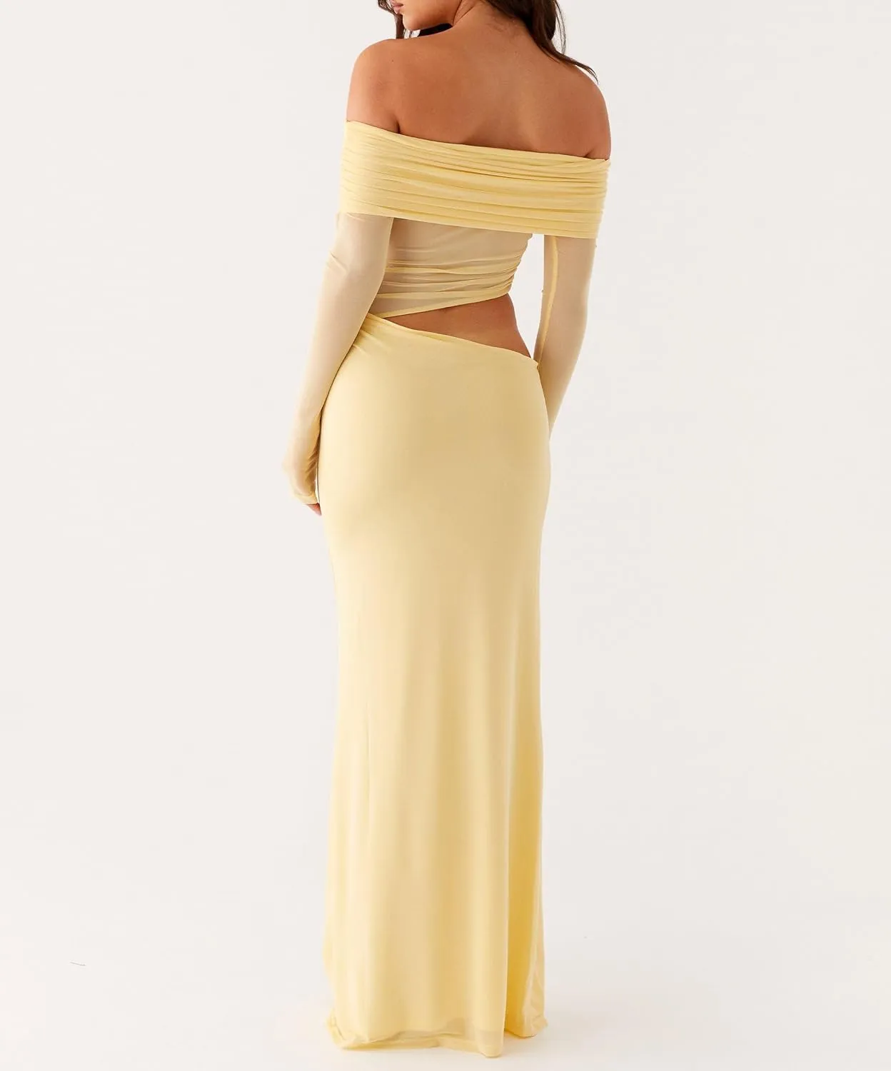SOLILOQUY Women Off Shoulder Cut Out Maxi Dress Sheer Mesh Long Sleeve Ruched Bodycon Long Dress Cocktail Evening Clubwear