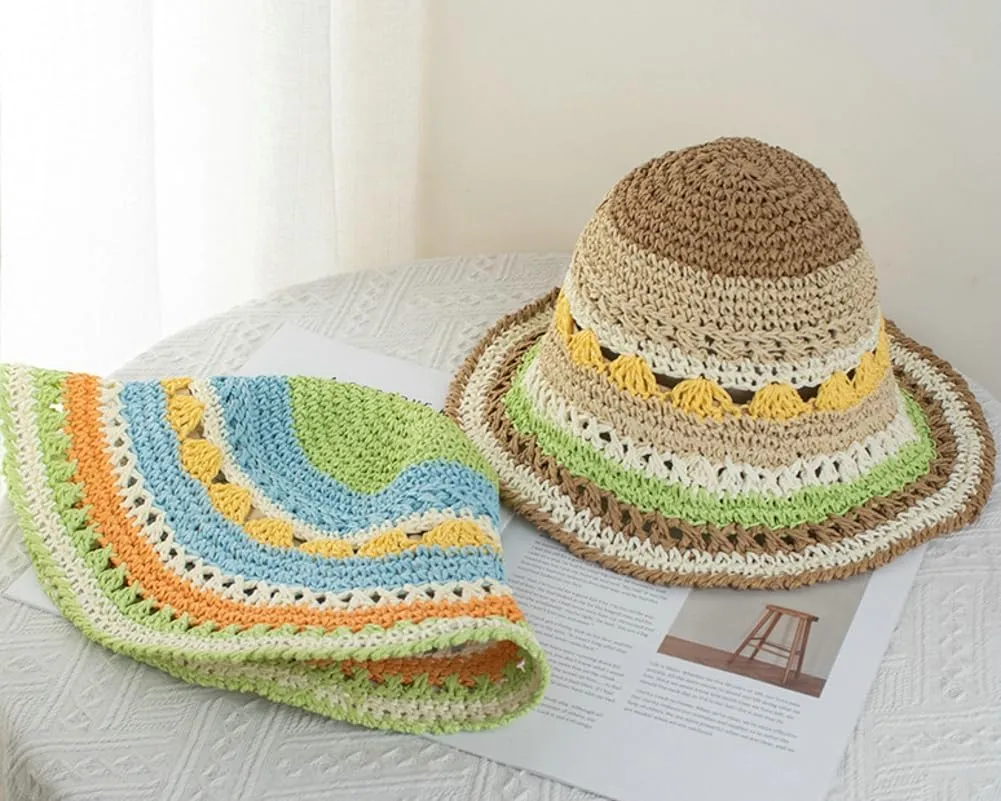Straw Bucket Hats for Women Chic Color Blocked Sun Hats Wide Brim Crochet Skull Caps Summer Vacation Essential Beanies
