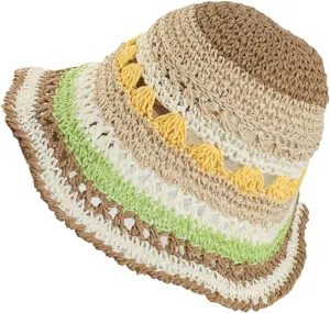 Straw Bucket Hats for Women Chic Color Blocked Sun Hats Wide Brim Crochet Skull Caps Summer Vacation Essential Beanies